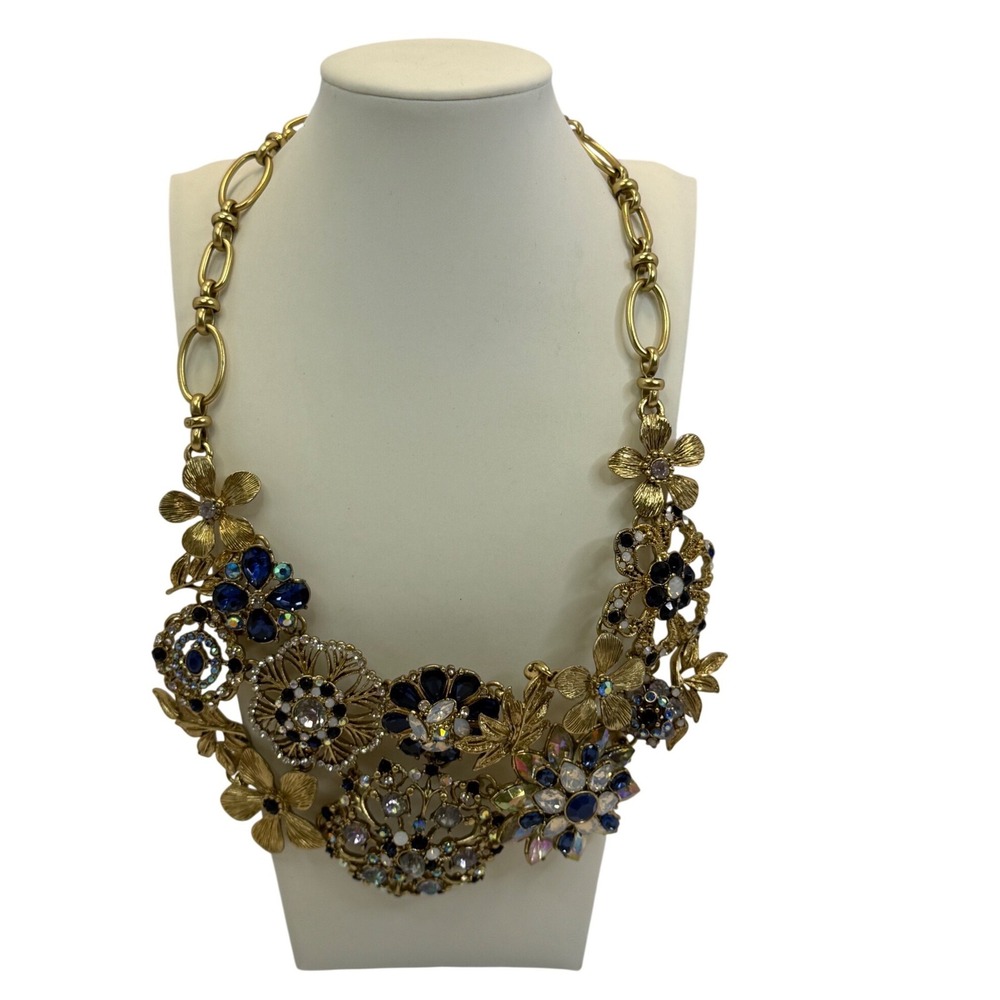 Gold Floral Bib Statement Necklace Blue Iridescent Rhinestone Flower Vintage Y2K